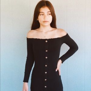 Black button front long sleeve mini dress